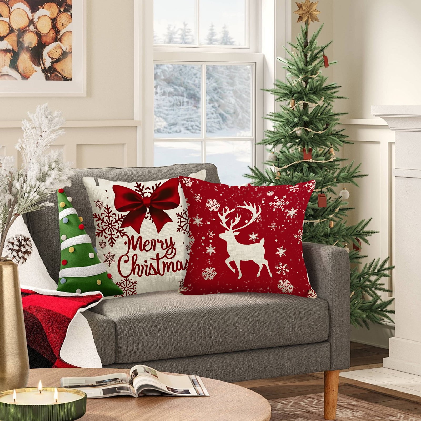Qoosea Christmas Pillow Covers 18x18 Inch Set of 4 Farmhouse Christmas Pillow Covers Christmas Pillow Cases for Sofa Couch Christmas Decorations Throw Pillow Covers