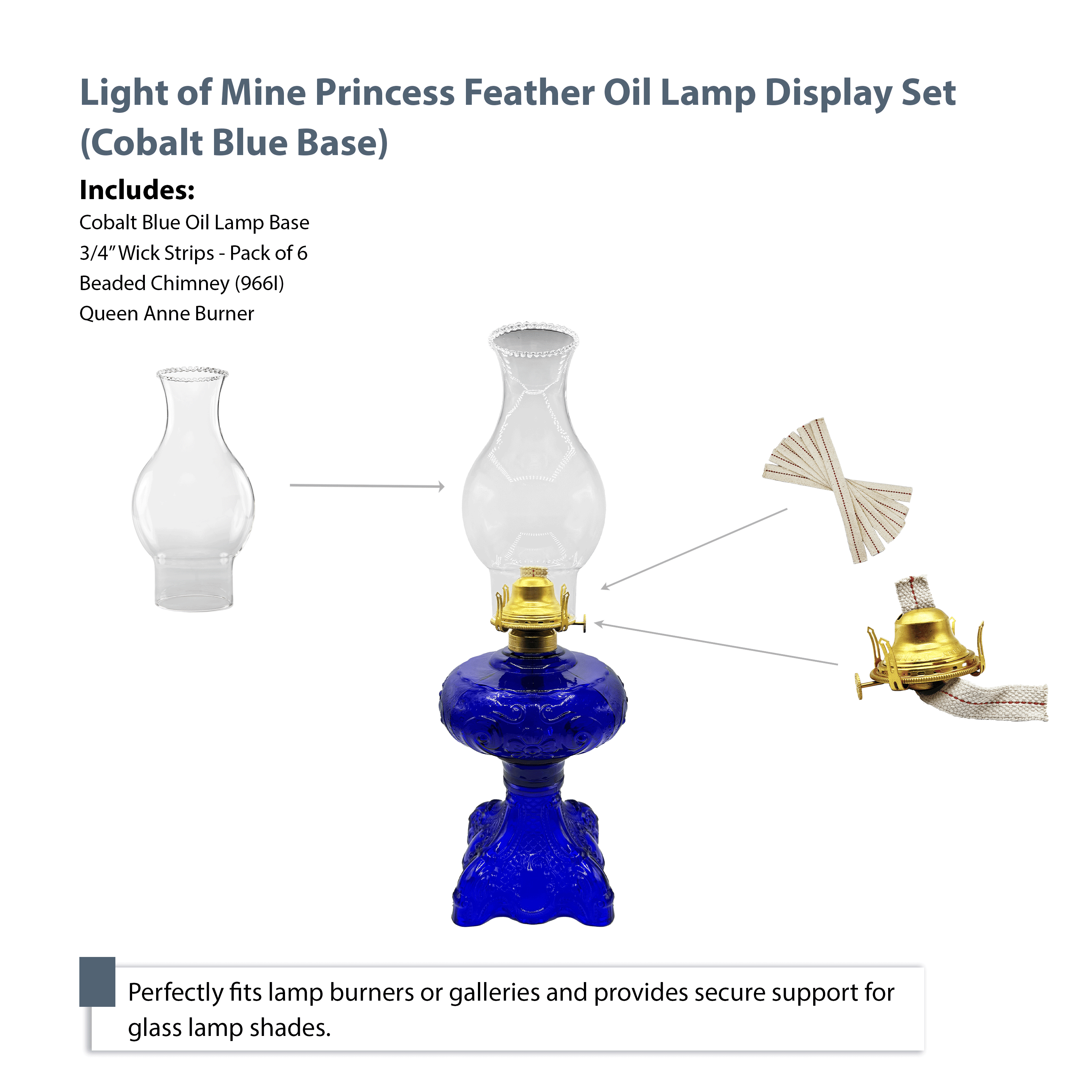 Light Of Mine Princess Feather Oil Lamp Ornate Decorative Antique Pedestal Style Glass Oil Hurricane Lamp Clear with 3/4" Wick roll (Cobalt Blue)