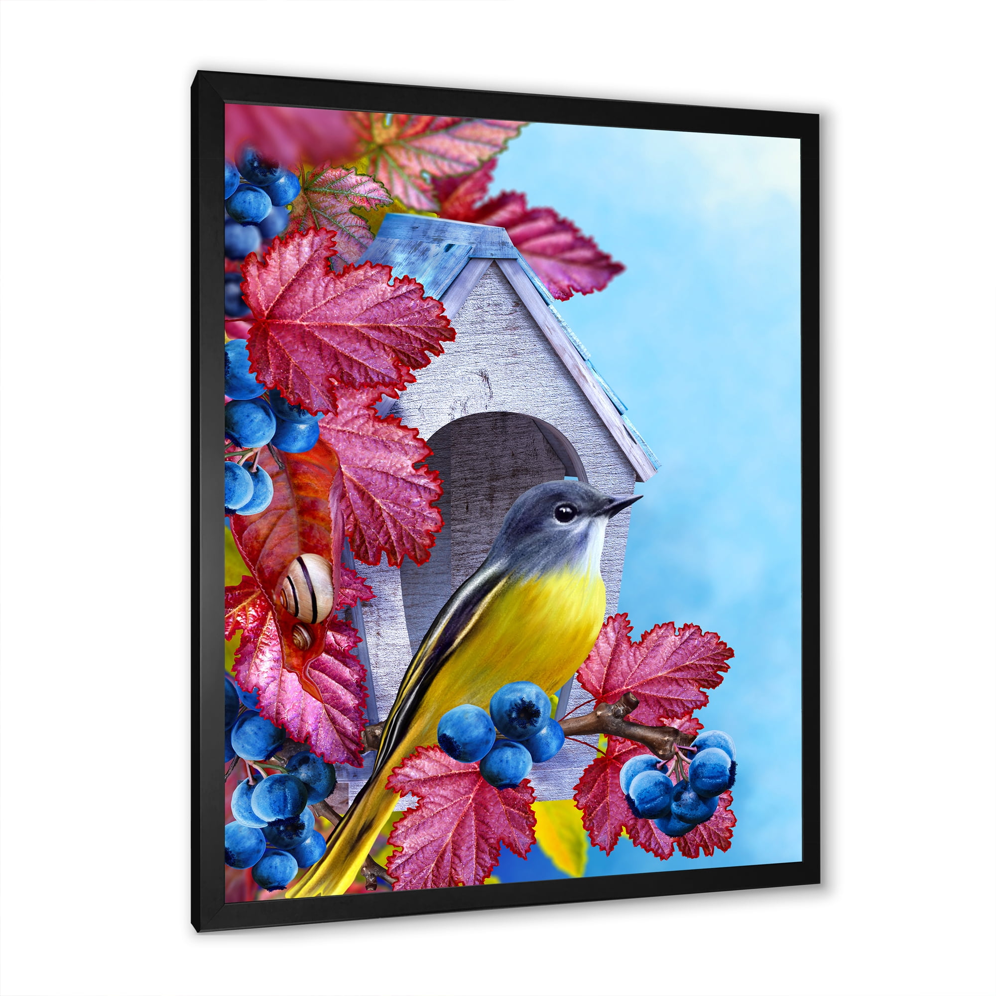 Designart 'Titmouse Bird Sitting On A Berries Branch Near A Birdhouse' Traditional Framed Art Print