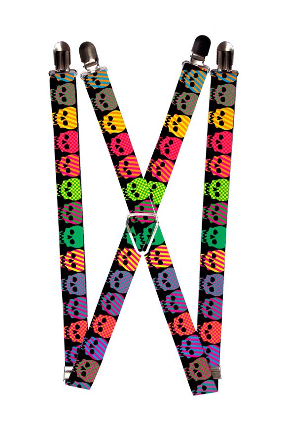 Bright Colorful Checkered Striped Pattern Skulls Suspenders