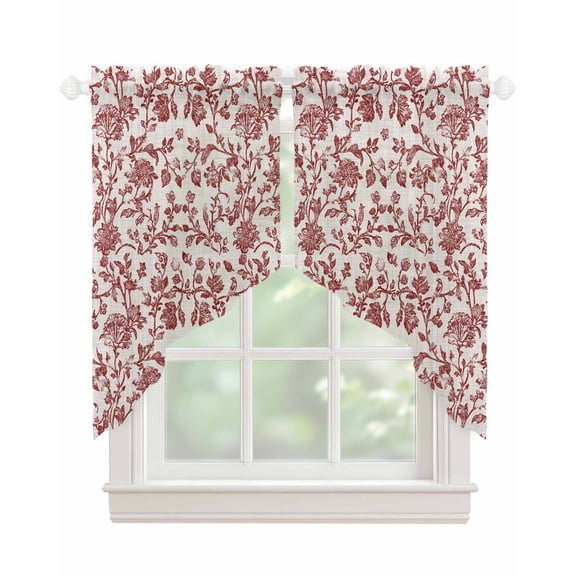 Farmhouse Red Swag Valances for Windows, Vintage Flower Leaf Botanical Plant Rod Pocket Sheer Valances for Small Windows, Swag Toppers Light Filtering for Kitchen Living Room 2 Panels 36''x36''