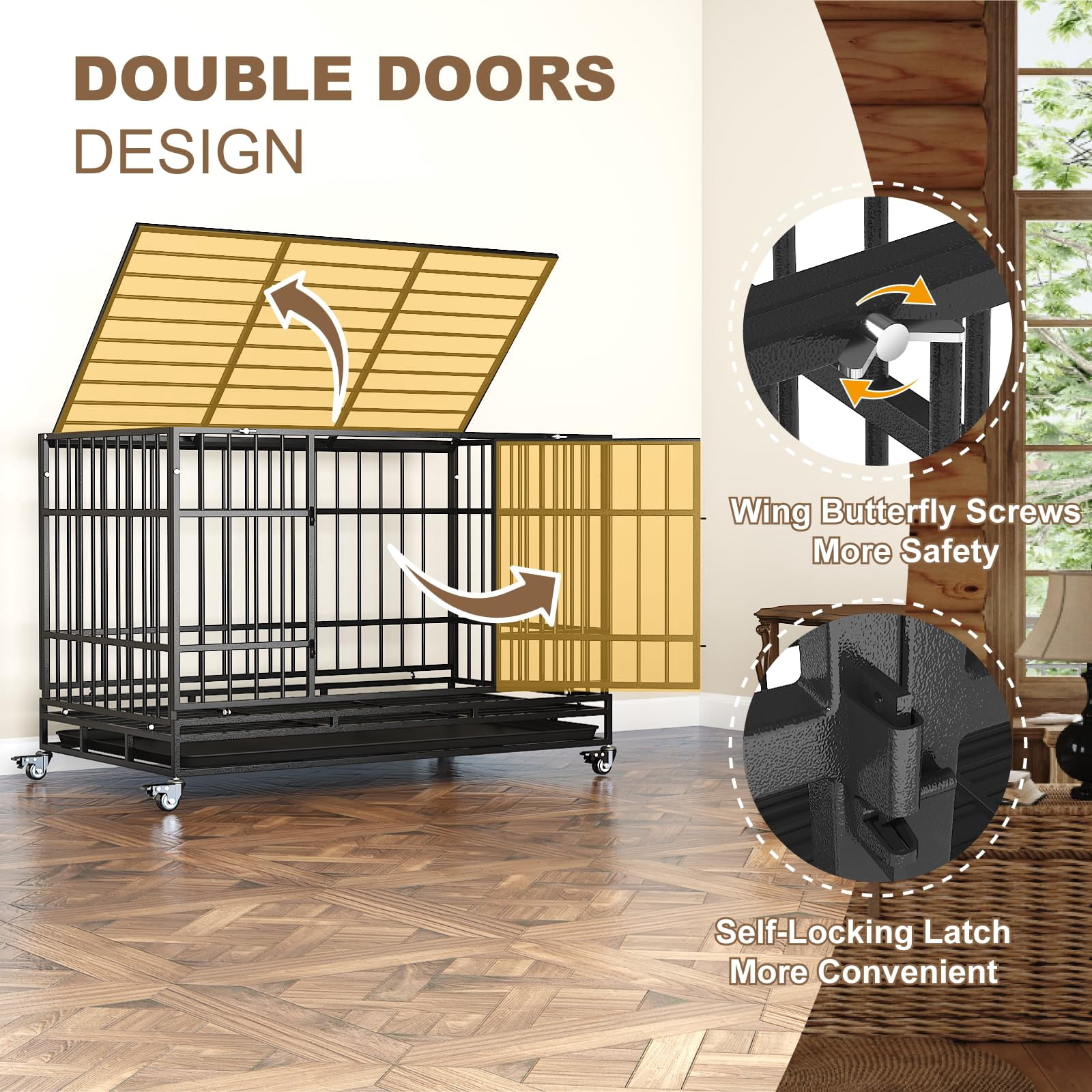 TIMHAKA 48 Inch Heavy Duty Steel Dog Crate with Wheels, Tray & Double Doors for Large Dogs