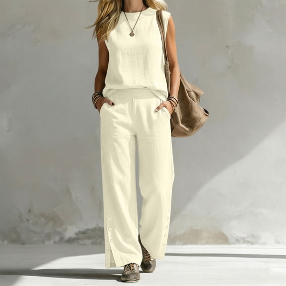 Cagogo Women's 2 Piece Tank Top Set Wide Leg Pants Casual Boho Summer Outfits Round Neck Sleeveless Top Loose Pants Matching Lounge Sets Tracksuits Travel Airport Clothes, Beige XL