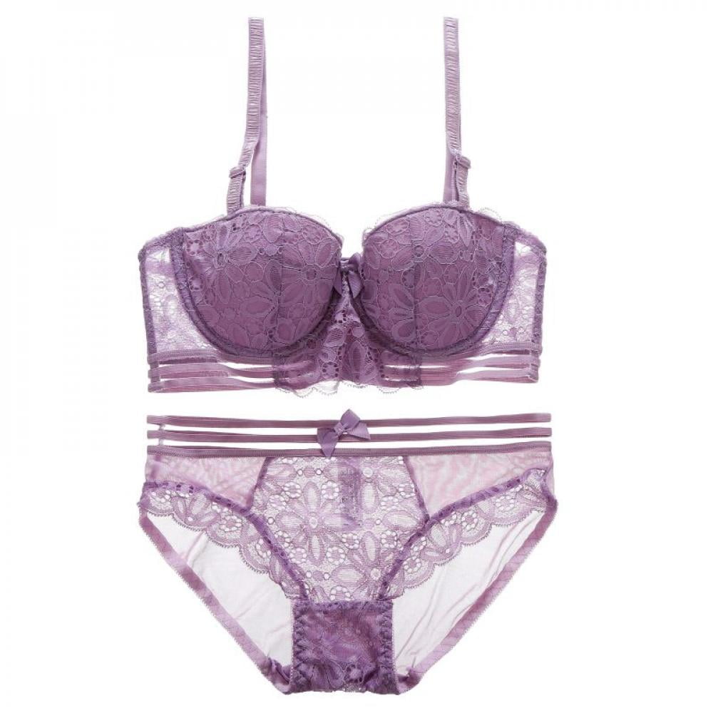 Deepwonder Lace Padded Small Chest Push Up Bra + Underwear Set Printing