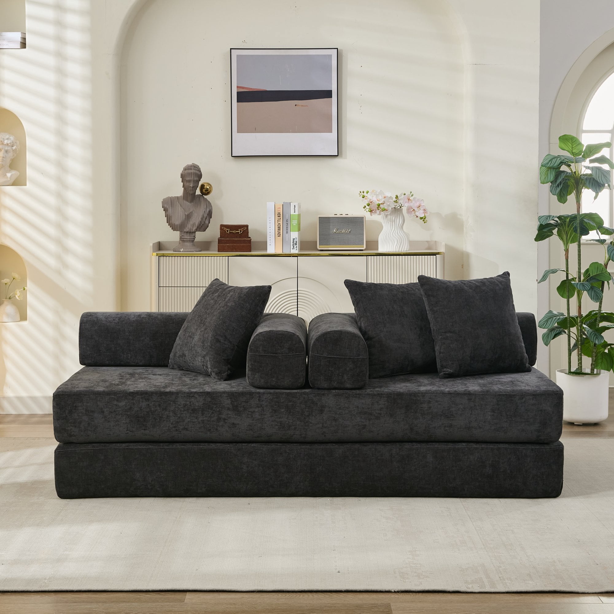 AISWORD 79" Convertible Folding Mattress Couch, 3-in-1 Floor Sofa Bed with Armrests & Pillows, Chenille Fabric Lounge Couch with Spring Pack Support, No Assembly Required