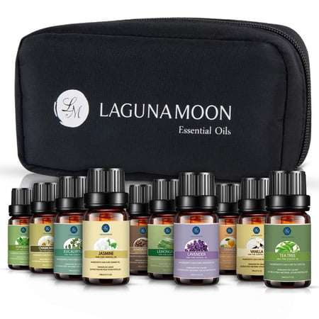 LAGUNAMOON™ Fragrance Essential Oils w/ Travel Bag, 10 Pc Set Pure Aromatherapy Oils: Tea tree, Lavender, Peppermint, Eucalyptus, Sandalwood, Lemongrass, Orange, Chamomile, Jasmine, Vetiver