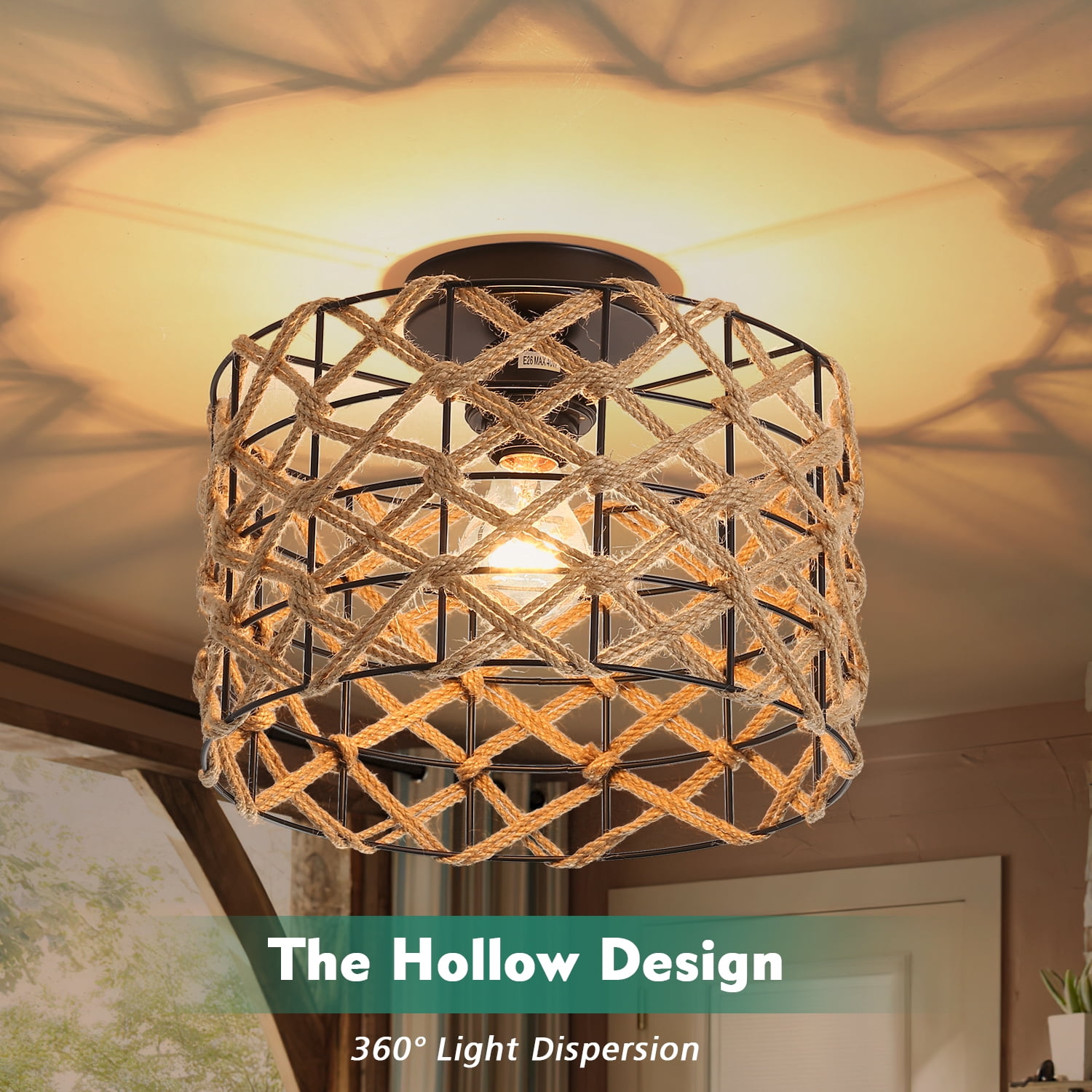 JOPESO Rattan Ceiling Light Fixtures, Bohemian Hand-Woven Flush Mount Ceiling Light for Farmhouse Kitchen Bedroom Living Room Dining Room