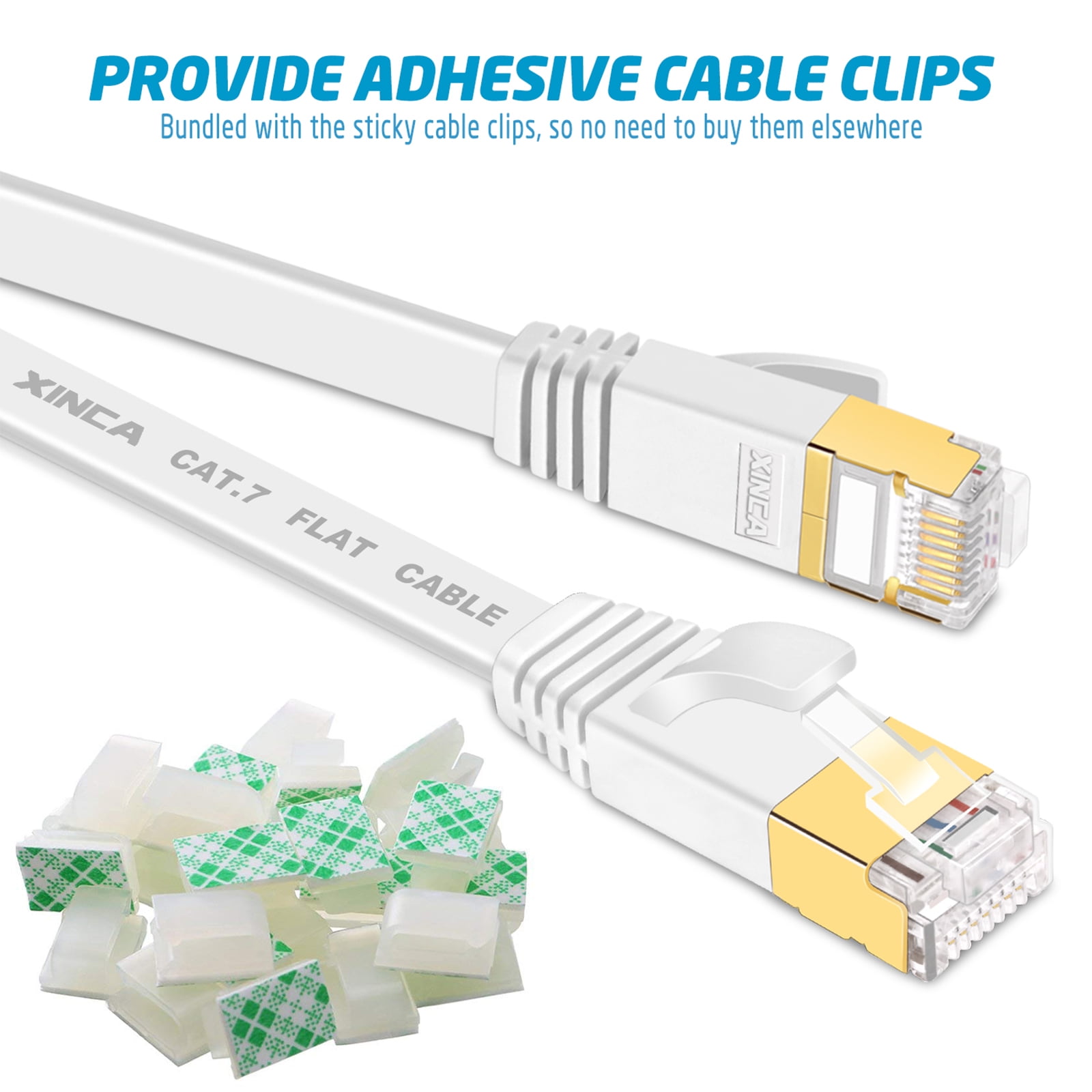 XINCA Cat7 Ethernet Cable Extra Long Lnternet Network Flat Patch Cord 100ft White With 50 Cable Clips Rj45 Connectors10 Gbps 600MHz Connector For Modems routers LAN Computers Cable High Speed Distri