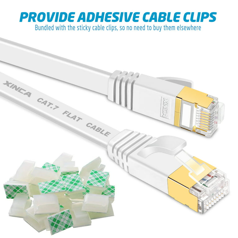 Xinca Cat7 Ethernet Cable Lnternet Network Flat Patch Cord 15ft White with 5pcs Cable Clips RJ45 Connectors10 Gbps 600MHz Connector for Modems Router