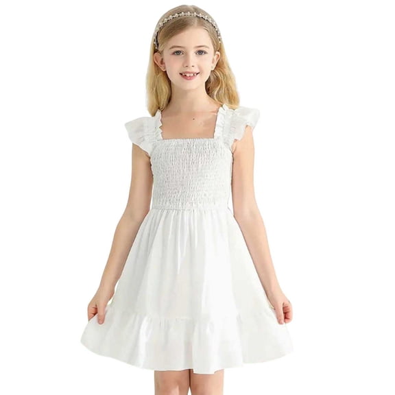 CYRBOKO Toddler Girls Summer Dresses, Casual Square Neck Vacation A-line Dresses with Ruffle White Size 2-3 T