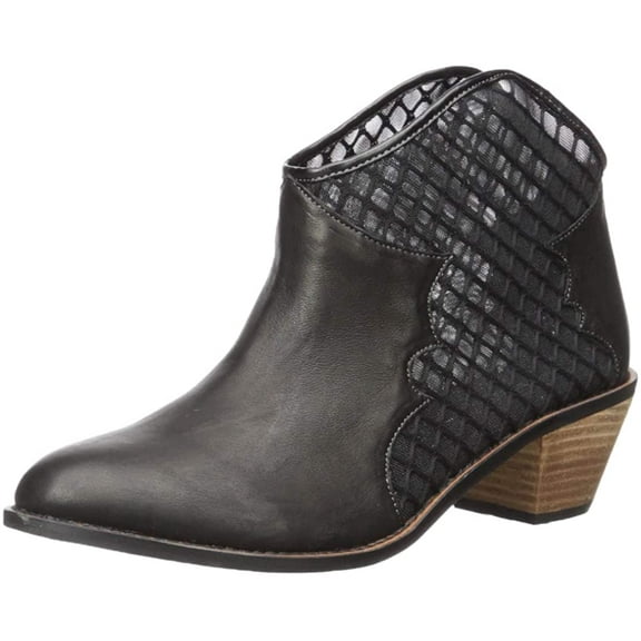 Kelsi Dagger Keenan Black Leather Mesh Cut-Out Stacked Heel Western Booties (BLACK, 6)
