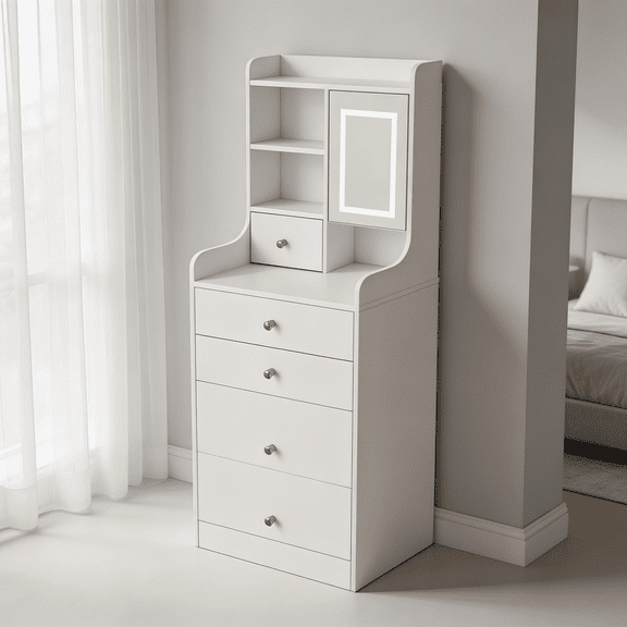 SAYGOGO 3-in-1 Dressing Table with LED Mirror & Storage Stool, Compact Vanity Desk with 4 Drawers, White for Bedroom
