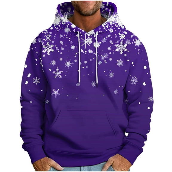 TFEOQRY Christmas Sweatshirt Pullover for Men Christmas Snowflake Print Drawstring Hoodies Long Sleeve Hooded Sweatshirt Purple