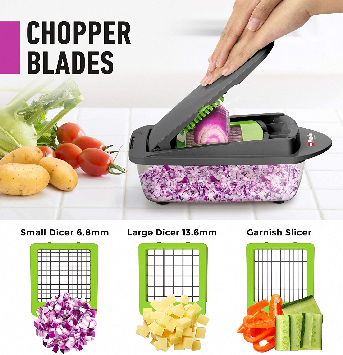 Mueller Austria Pro-Series Onion Mincer Chopper, Slicer, Vegetable Chopper,  Cutter, Dicer, Vegetable Slicer with Container and Blades