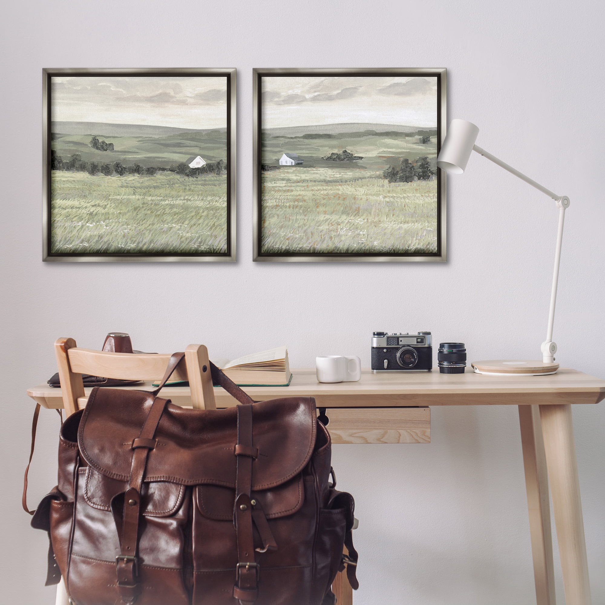 Stupell Industries Traditional Distant Farmhouse Field Landscape & Nature Painting Gray Floater Framed Canvas Art Print Wall Art, 25 x 25, Set of 2
