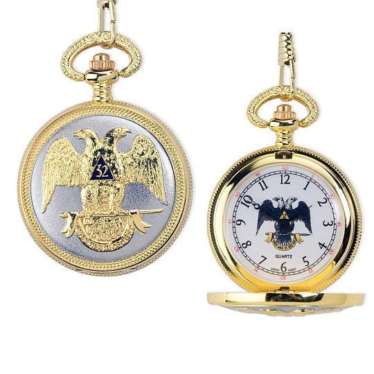 Scottish Rite Pocket Watch - Masonic Design with Gold Tone Steel 32nd Degree