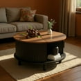 thumbnail image 5 of Strafriture Coffee Table Round Coffee Tables with Storage 30.7" Fluted Center Table for Living Room Modern Wood Table with Sliding Cabinet Door Black, 5 of 13