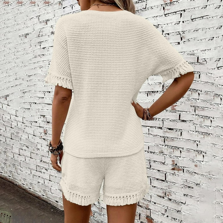 XuJwPNcy Women Knit Sweater Short Sets Piece Outfits Tassel
