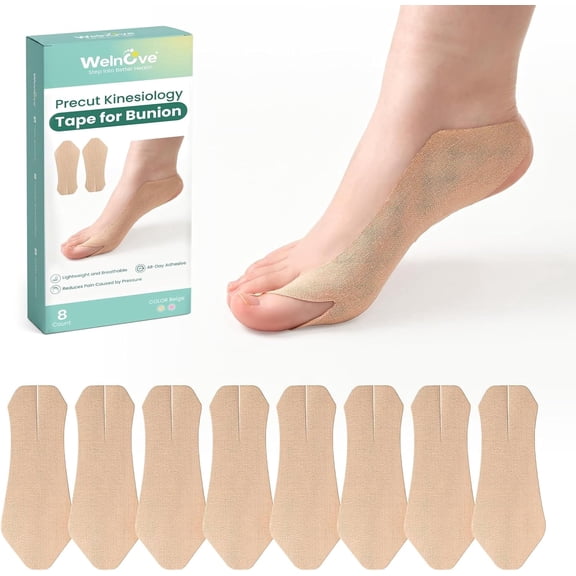 Welnove Bunion Correctors Tape - Kinesiology Tape for Big Toe, Lightweight & Breathable Pain Relief - Water-Resistant, 8 Pcs Precut