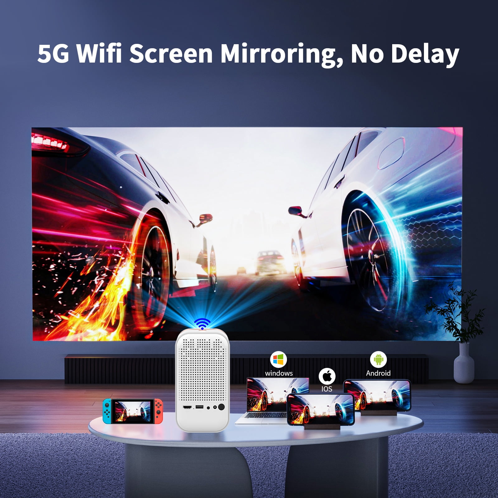 Mini Projector, Supporting 1080P High Definition Resolution, Portable Projector Screen with Projector Stand, Automatic Vertical Trapezoidal Correction,Equipped with WiFi and Bluetooth Functions,White
