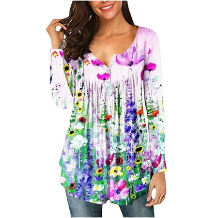 

Juebong Women s Long Sleeve Pleated Sweatshirts Vintage Button Down Tunic Tops Henley V Neck Swing Shirts Floral Print Ruffled Hem Blouses Loose Fit Workout Pullover Tops