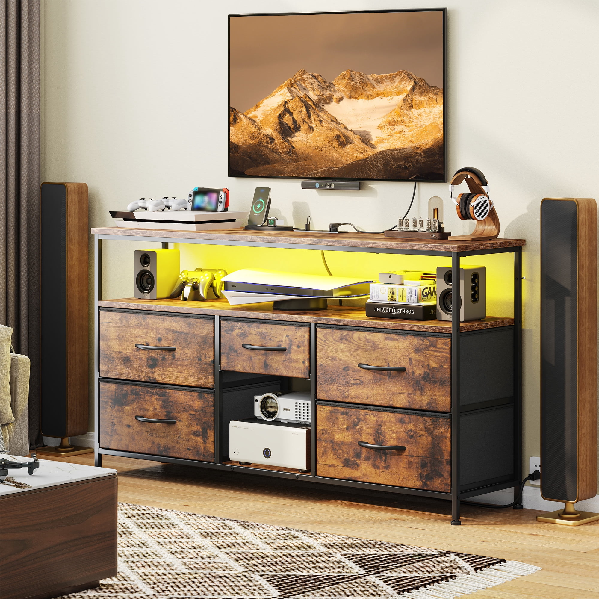 Romorgniz Wide Dresser with 5 Drawers for 50" TV Stand with Power Outlets & LED Lights & Entertainment Center,Dressers for Bedroom with Shelves for Living Room, Sturdy Metal Frame, Rustic Brown