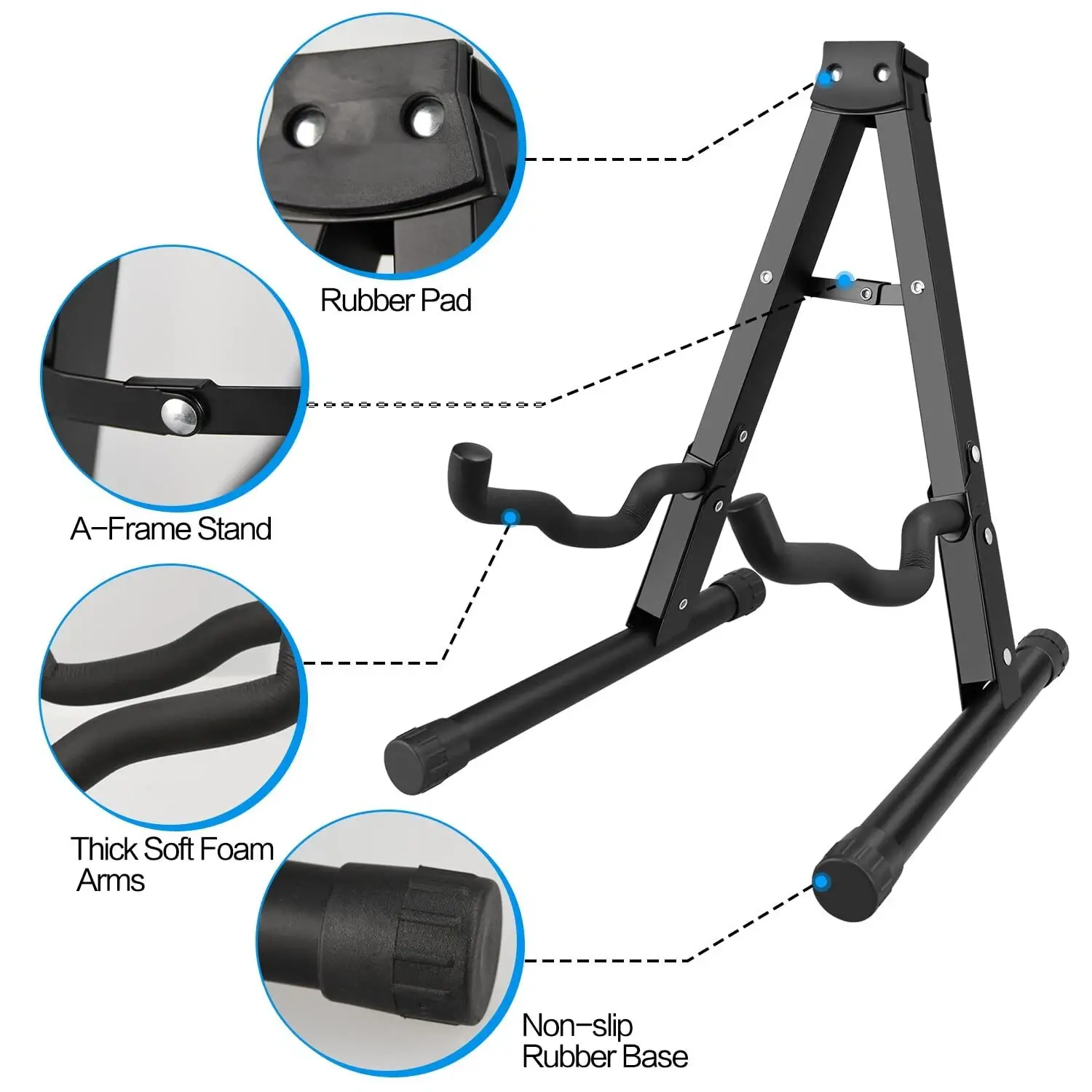 2 Pack A-Frame Folding Guitar Stand with Non-Slip Rubber and Foam Arms, Metal Guitar Stand for Acoustic, Electric, Bass, Ukulele, Banjo