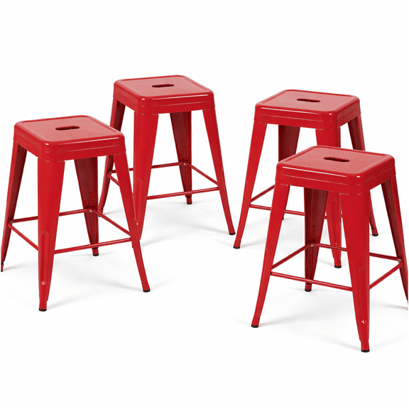 JERFIT Metal Bar Stools Set of 4, Backless Counter Height Stools for Kitchen Island, Easy Assemble Barstools, Space Saving, Durable Iron Construction, Modern Red
