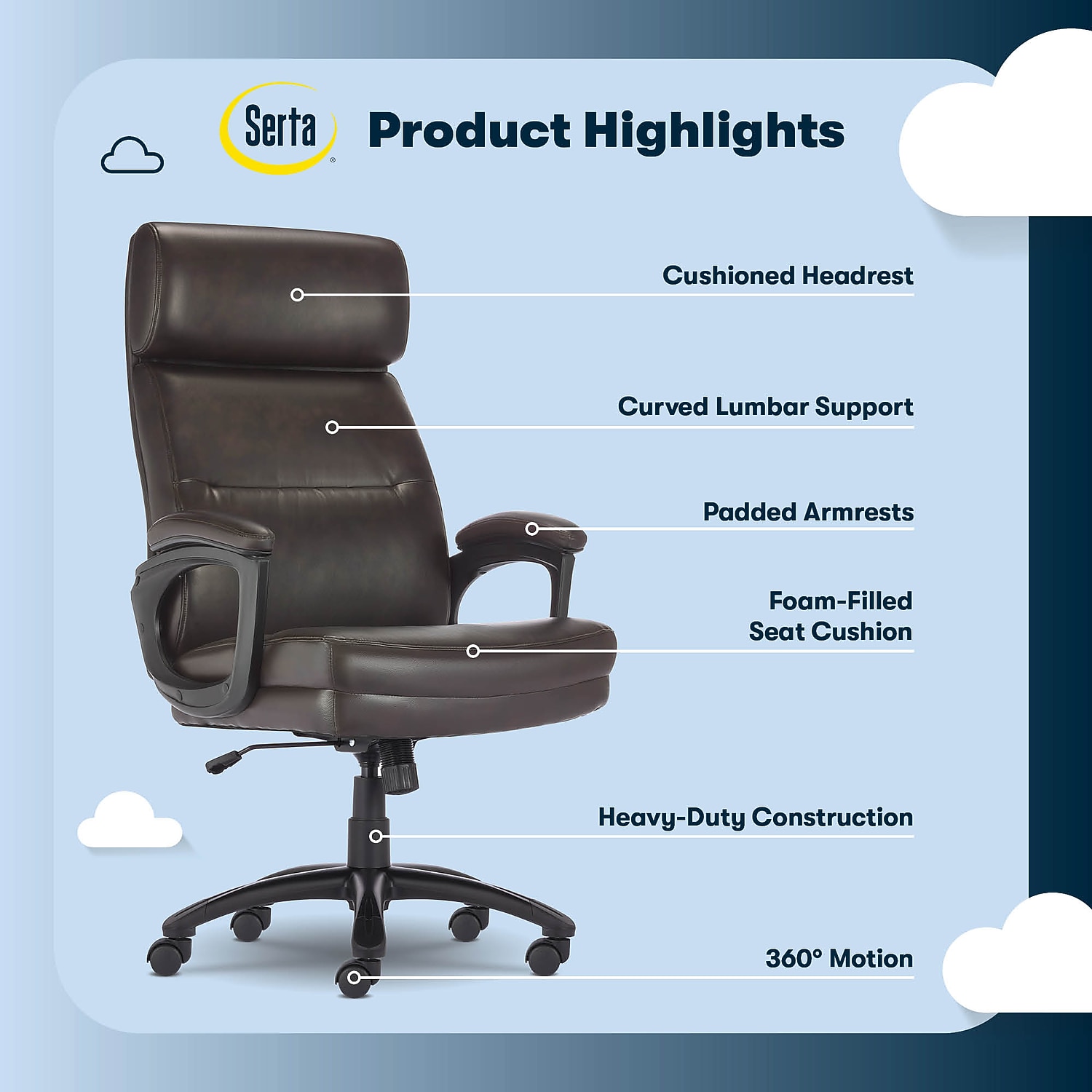 Serta Comfort Executive Big & Tall Ergonomic Office Chair Bonded Leather Brown