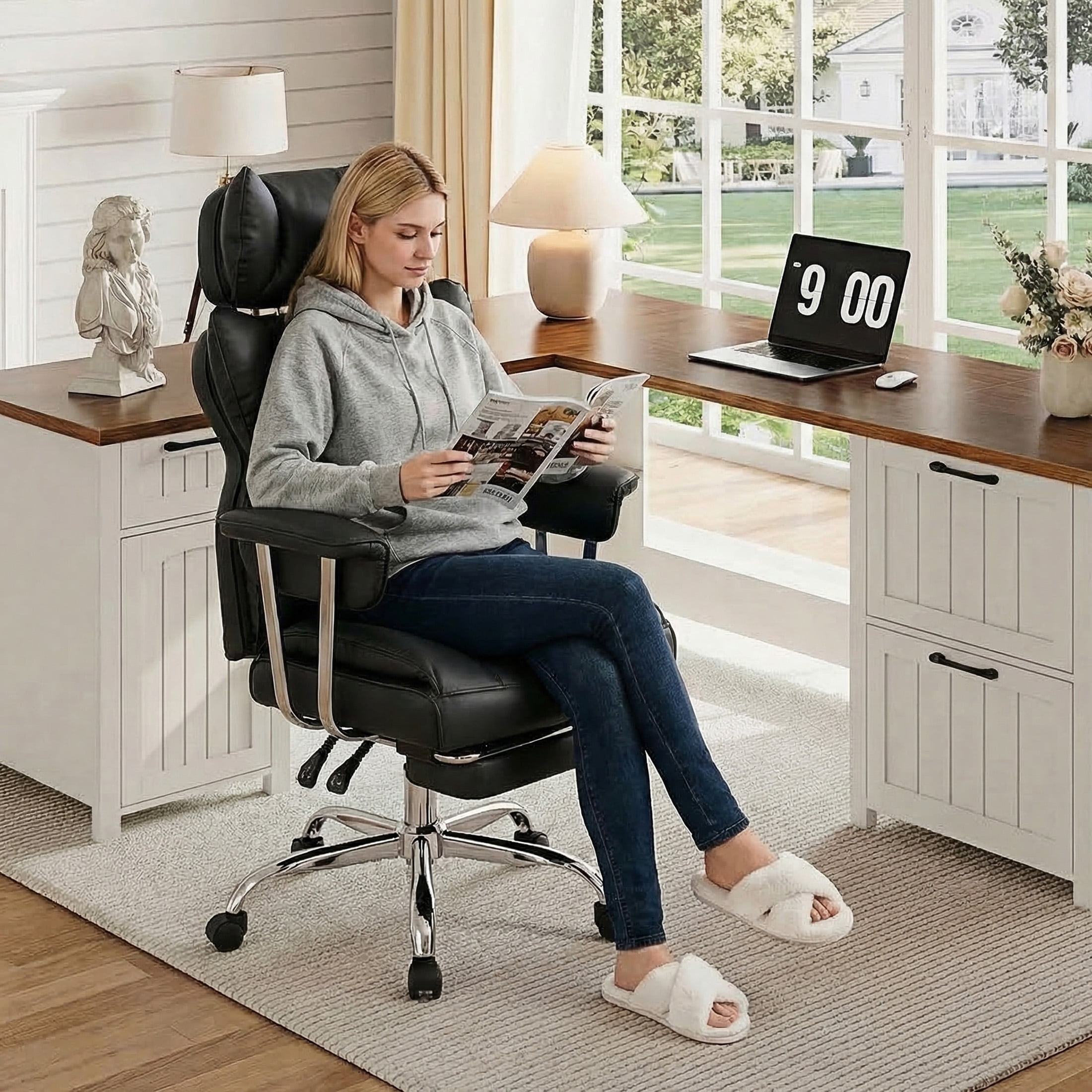 EDX Big and Tall Office Chair, Ergonomic PU Leather Executive Computer Chair with Footrest, Pocket Spring Support, 350 LBS Capacity, For Home Office, Black