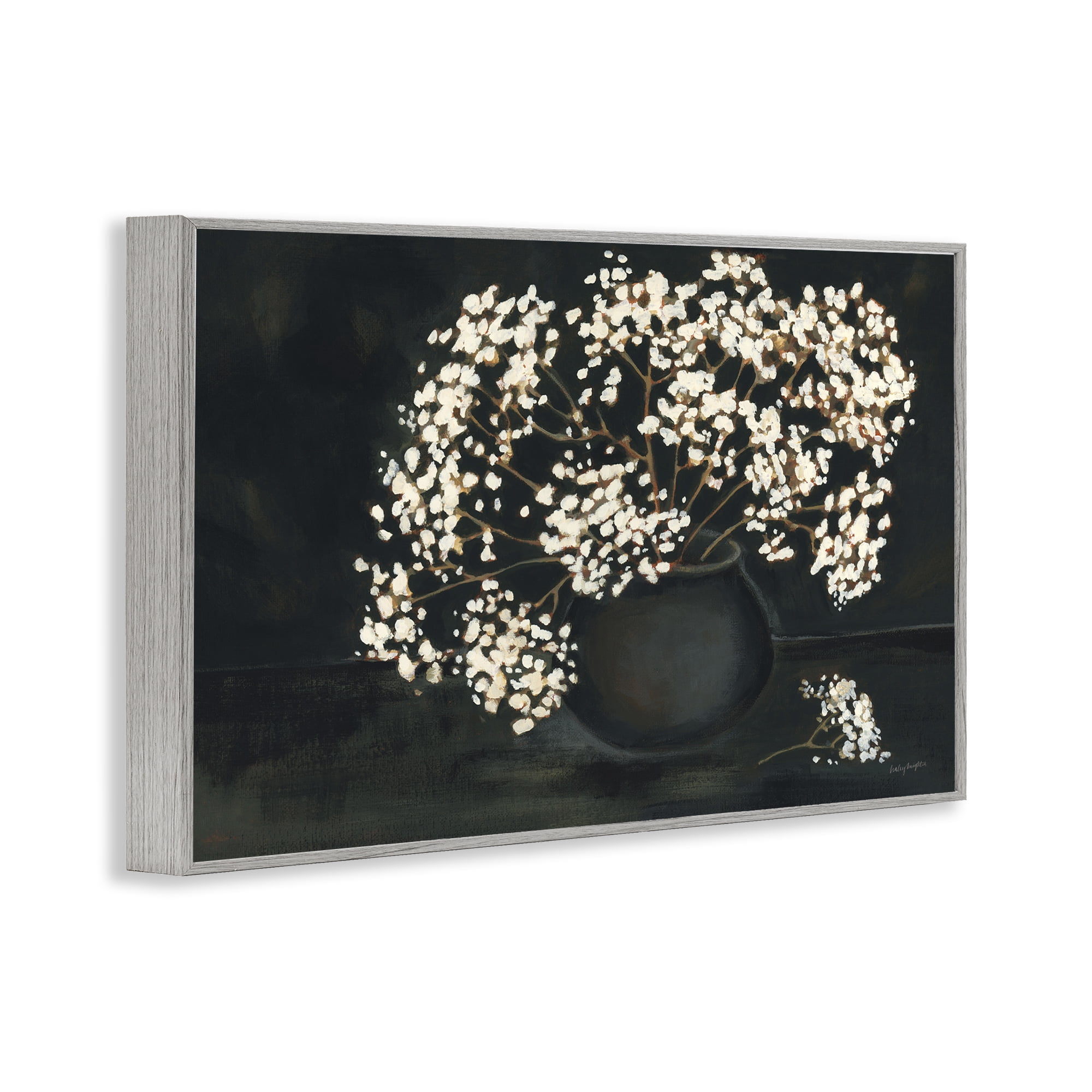 Stupell Industries Baby's Breath on Black Botanical & Floral Painting Gray Framed Art Print Wall Art, 24 x 16