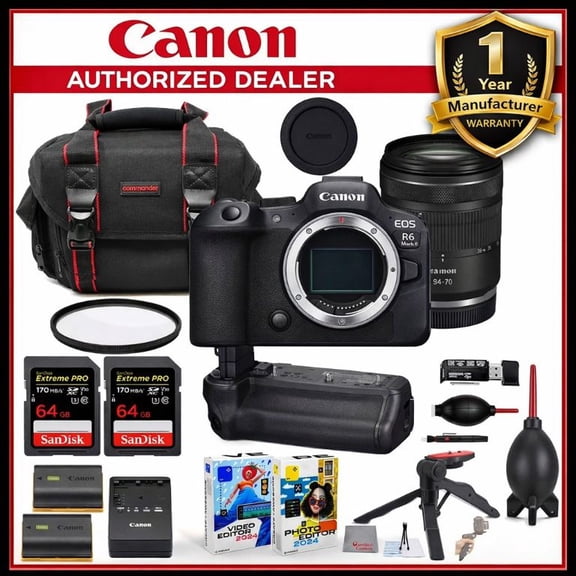 Canon EOS R6 Mark II Mirrorless Camera with RF 28-70mm STM Lens Bundle   Canon BG-R20 Battery Grip   Commander Gear Bag   2X 64GB Extreme Memory Cards   Accessory Kit