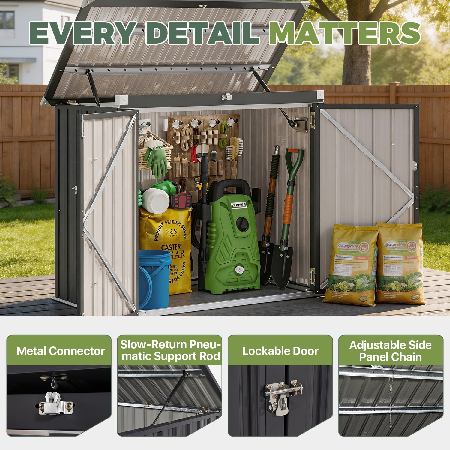 BaPiPro 5x2.6 ft Outdoor Storage Shed, Compact Metal Shed for Garden Tools, Weather Resistance Lockable Trash Can Shed, Patio & Backyard Storage Cabinet