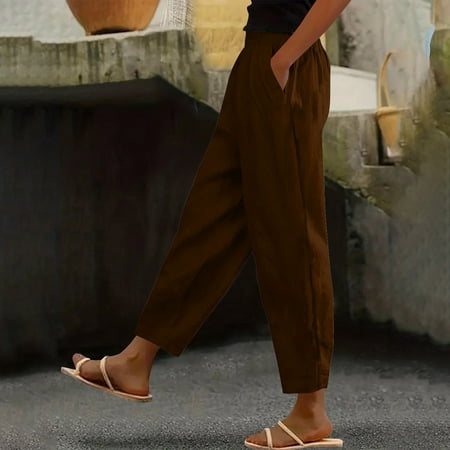 Jjayotai Womens Pants Clearance Women s Spring Solid Color Lace-Up Cotton Linen Versatile Straight Leg Pants  Womens Casual Pants  Linen Pants Women  Summer Pants for Women Brown~2 M