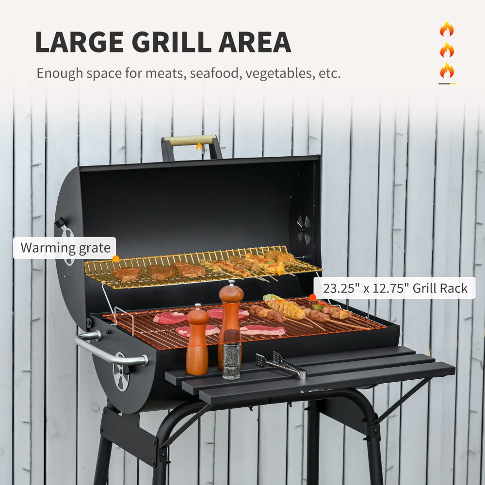 Tcbosik Barrel Charcoal Grill with Side Shelf, Barbecue Smoker Grill Combo with Storage Rack and Wheels, BBQ Grill for Outdoor, Camping, Picnic, Party, Black