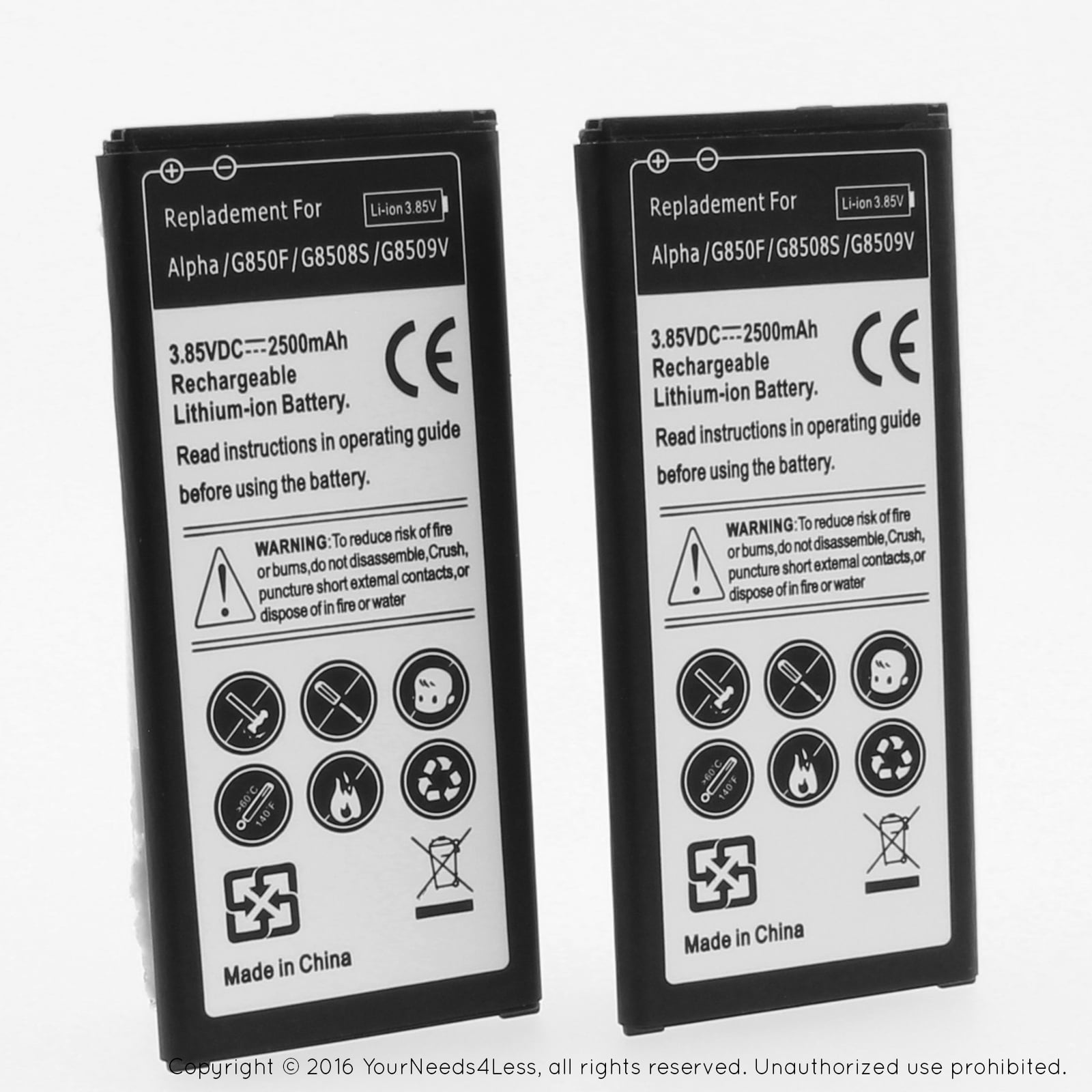 YN4L® 2 X 2500mAh Replacement Batteries for Samsung Alpha G850 ; G850F