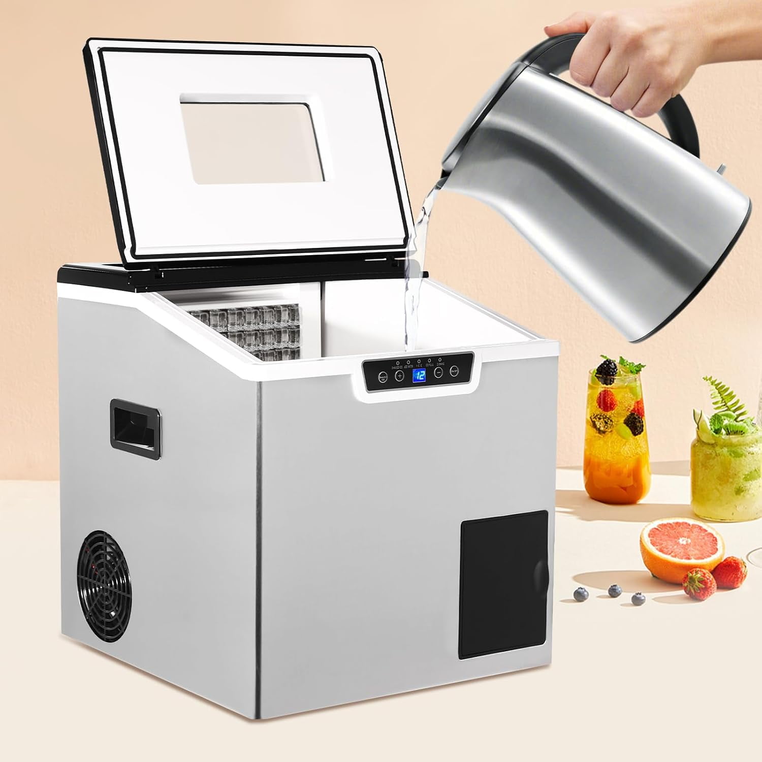 2-in-1 LCD Display Countertop Ice Maker Machine, 32PCS in 12-22 Mins Fast Ice Cube & Crushed Ice Maker, 2 Ways to Add Water Auto-Cleaning Portable Ice Makers for Home, Office & Coffee Shop