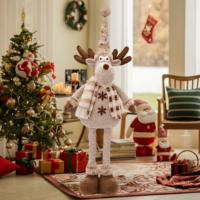 Riforla Adjustable Standing Christmas Gnome Handmade Large Reindeer Gnome Stuffed Toy with Extendable Spring Legs Christmas Decoration and Winter Home Desktop Ornament C 48x19cm