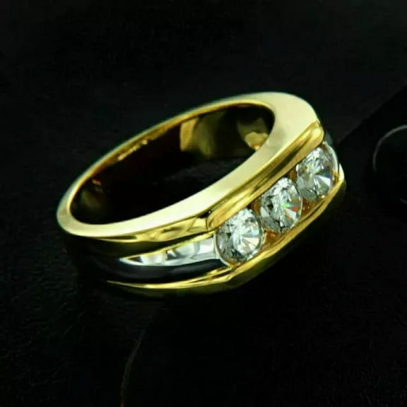 Men's 14k Yellow Gold Plated ab Created Diamond Wedding 3 Stone Band Ring 2Ct