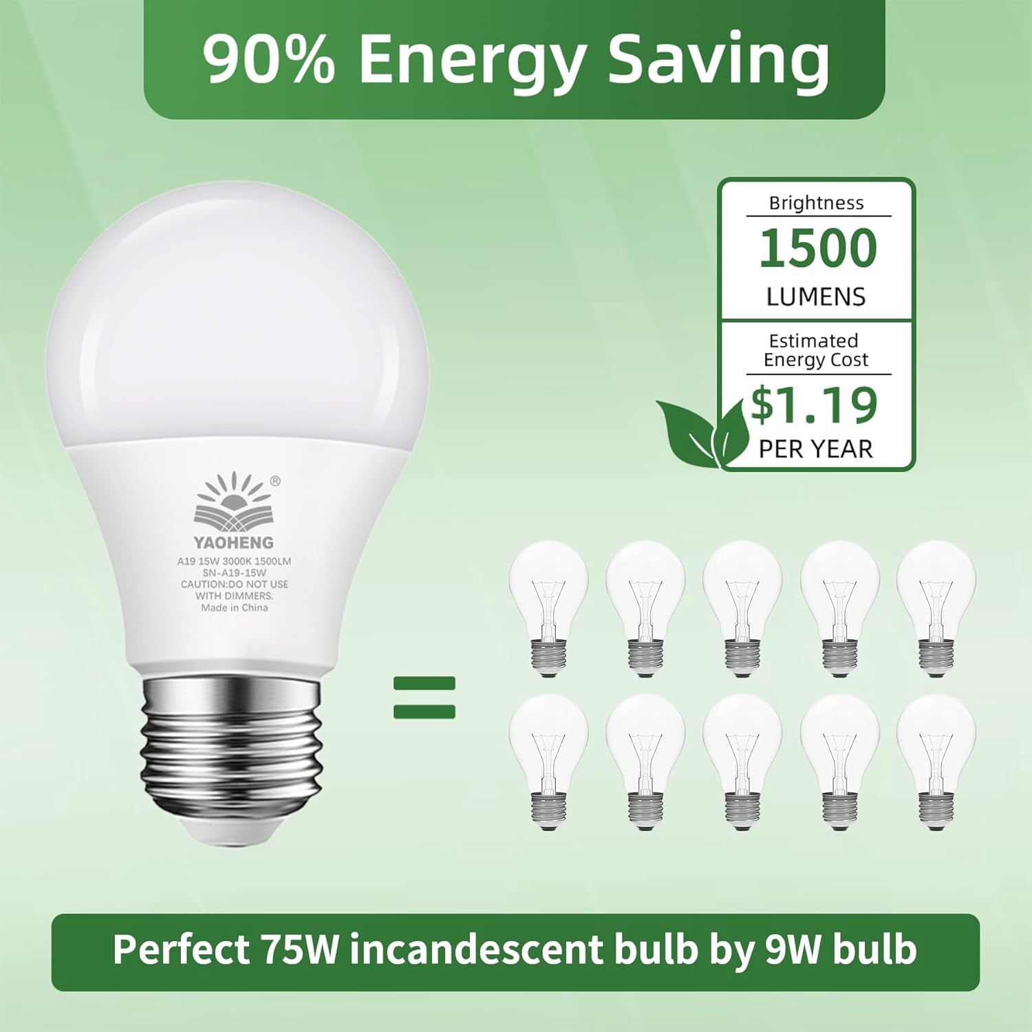 UKLL-A19 LED Light Bulb, 100 Watt Equivalent LED Bulbs, 3000K Warm White, 1500 Lumens, Standard E26 Base, Non-Dimmable, 15W Super Bright Light Bulbs for Home, Office Lamp, ETL Listed(10-Pack)