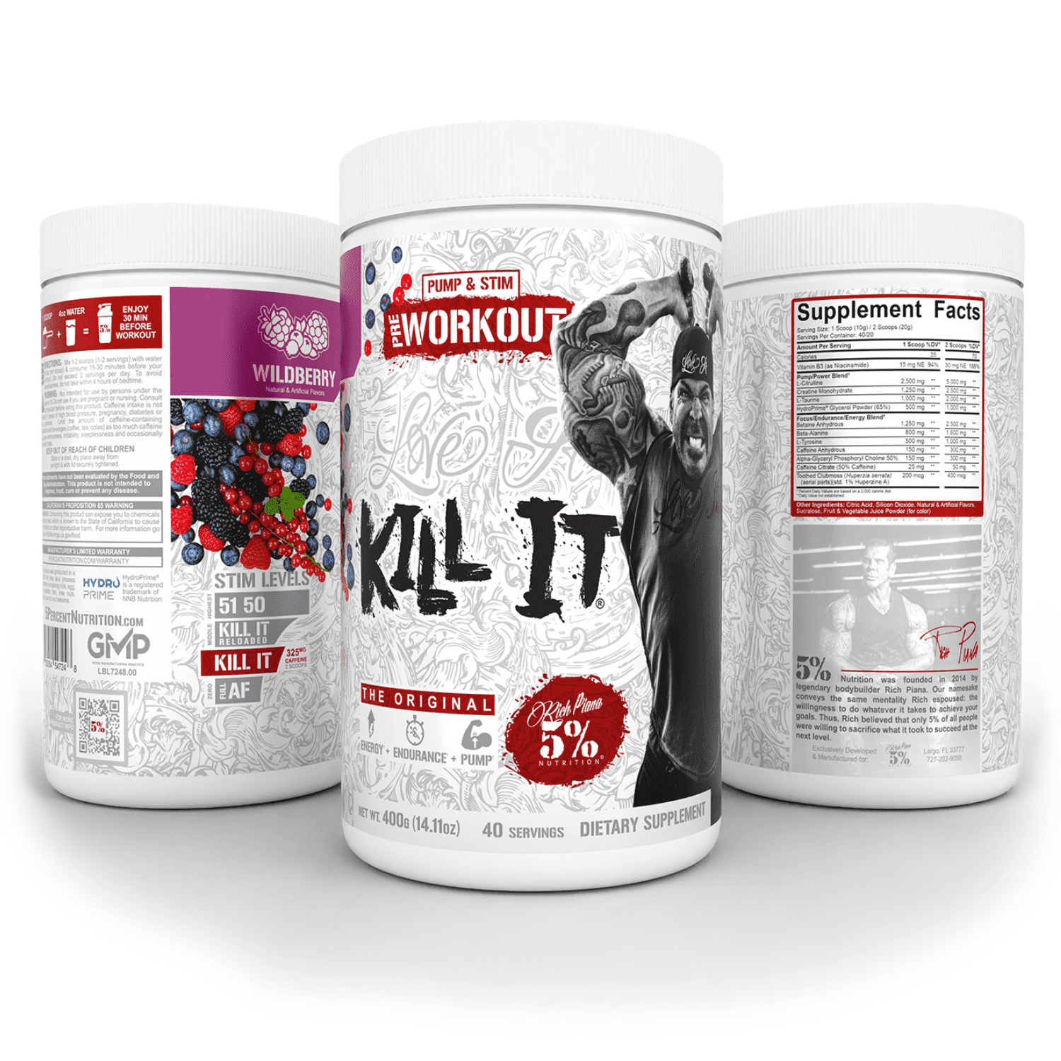 5% Nutrition Rich Piana Kill It Pre-Workout Powder Supplement with Creatine & Caffeine for Pump, 40 Servings (Wildberry)