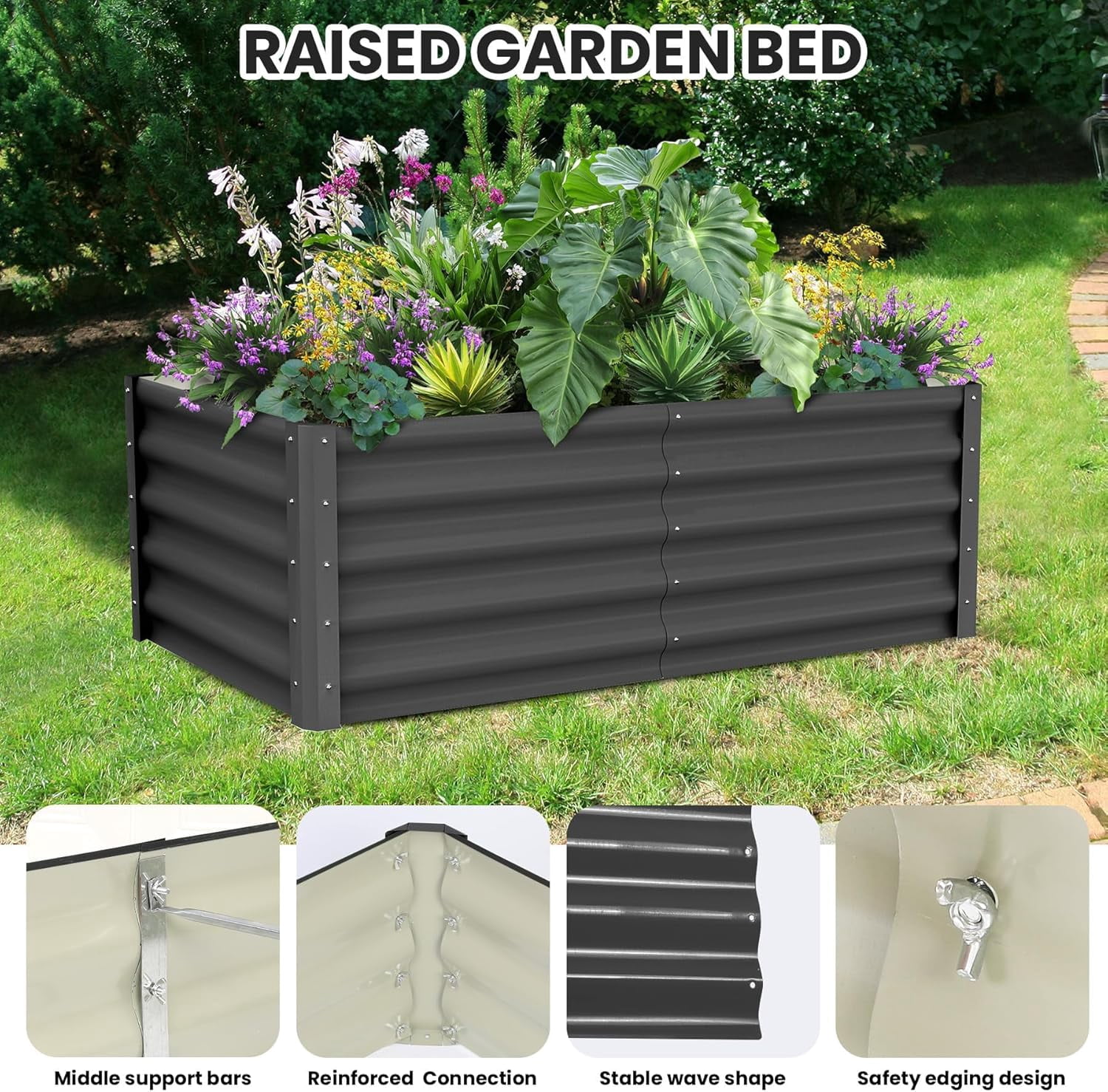 Lumiparty 2 Pack 6x3x1.5ft Metal Galvanized Raised Garden Bed, Ground Planter Box for Outdoor Vegetables Flowers, Dark Gray