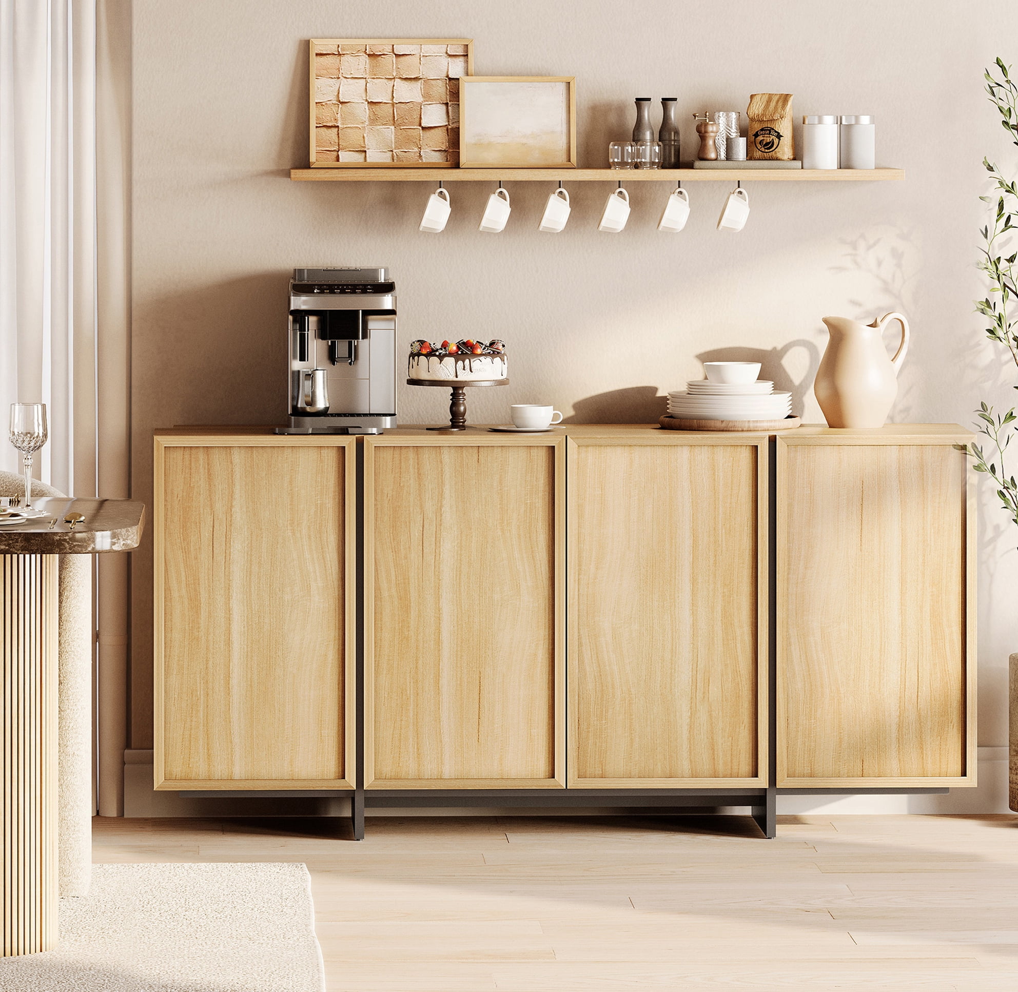 WAMPAT Multifunctional Sideboard Buffet Cabinet, Modern Storage Cabinet with 3 Large Storage Spaces, Coffee Bar Cabinet for Living Room and Kitchen, Oak