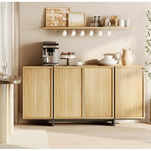 WAMPAT Modern Sideboard Buffet Cabinet with 4 Doors, Multifunctional Sideboard with Large Storage and T-Shaped Legs, Coffee Bar Cabinet Storage Cabinet for Kitchen, Dining Living Room, Oak