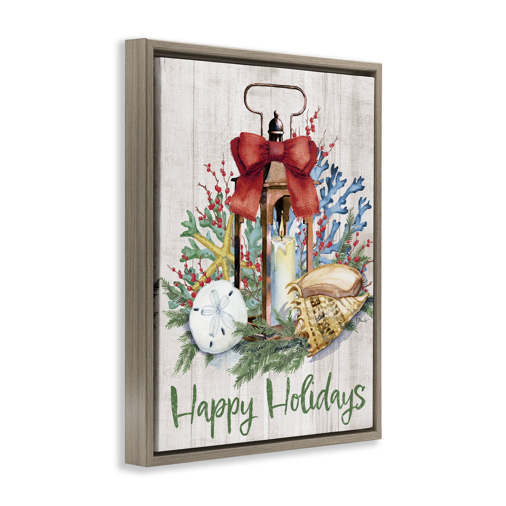 Stupell Industries Happy Holidays Nautical Lantern Holiday Painting Brown Floater Framed Canvas Art Print Wall Art, 17 x 21