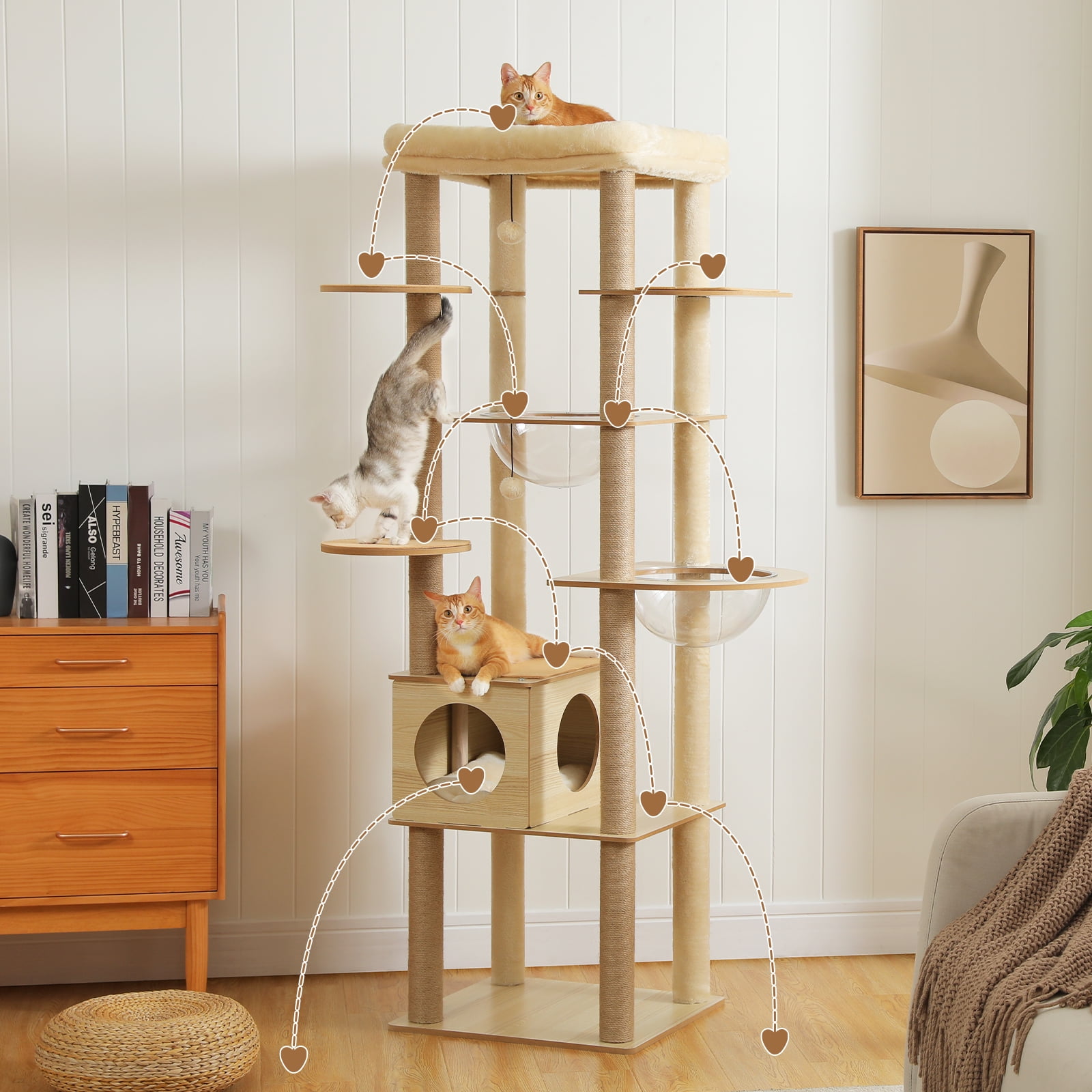 PEQULTI 71" Wood Cat Tree Large Cat Tower with Acrylic Bowl & 10 Sisal Scratching Posts Beige Indoor