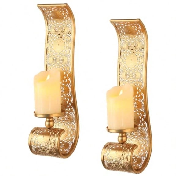 Wall Candle Sconce Set of 2Gold Metal Wall Mount Candle HolderSpanish Baroque Hollow Carving WallMounting Sconces for Living Room Bathroom Dining Areas Hallways Decorations