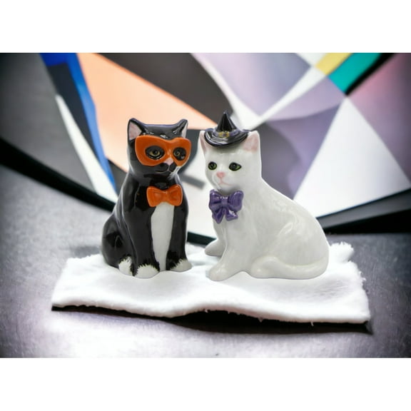 Ceramic Black White Cat Costumes Salt Pepper Shakers Gift for Cat