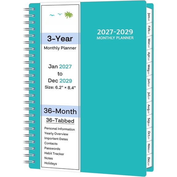 Monthly Planner 2027-2029, 3-Year Calendar Planner 2027-2029, Jan 2027 - Dec 2029, 6.2 x 8.4 In, Ruled Spread, Flexible Cover, Spiral Wirebound, Pocket, 36 Coated Monthly Tabs, Notes & Habit