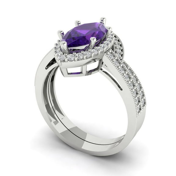 2.48 ct Brilliant Marquise Cut Natural Amethyst 18K White Gold Halo Solitaire with Accents Engagement Bridal Wedding Ring Band Set size 3.5